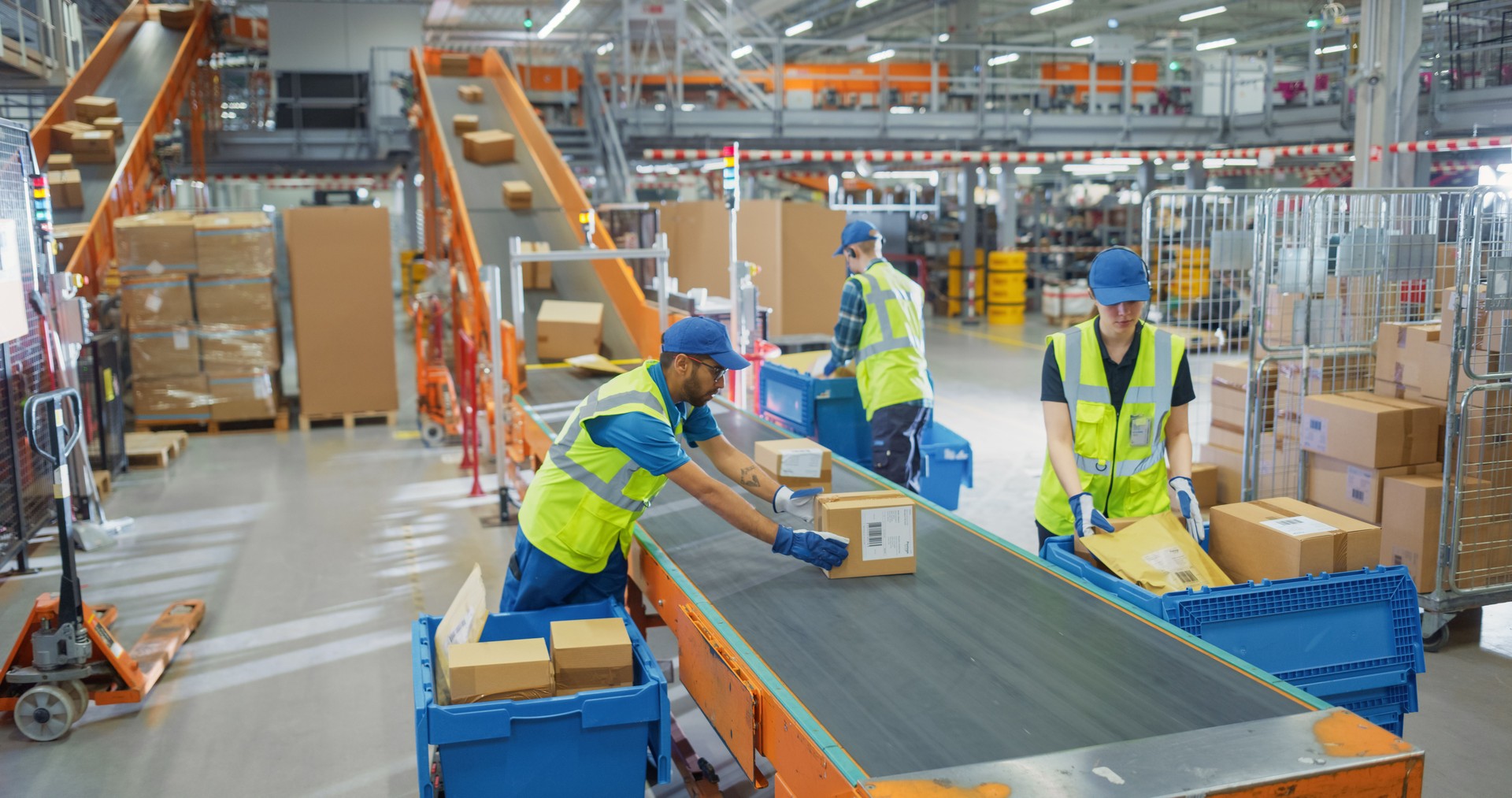 Team of Young Workers Organizing Parcels on a Conveyor in a Busy Warehouse, Ensuring Online Orders Reach Customer Delivery Without Delay. Employees in Safety Vests and Caps Handle Packages at Work
