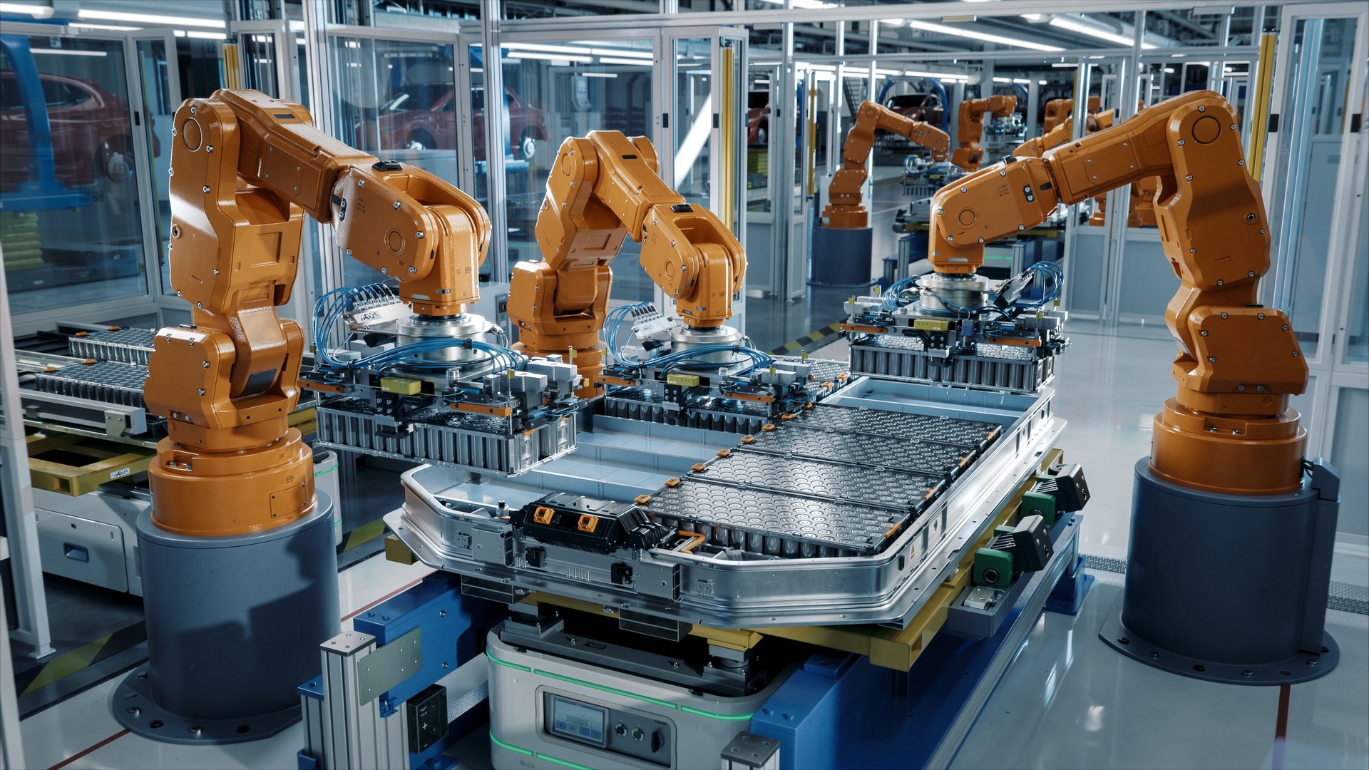 Advanced Orange Industrial Robot Arms Assemble EV Battery Pack on Automated Production Line. Row of Robotic Arms inside Automotive Plant Assemble Batteries. Modern Electric Car Smart Factory.